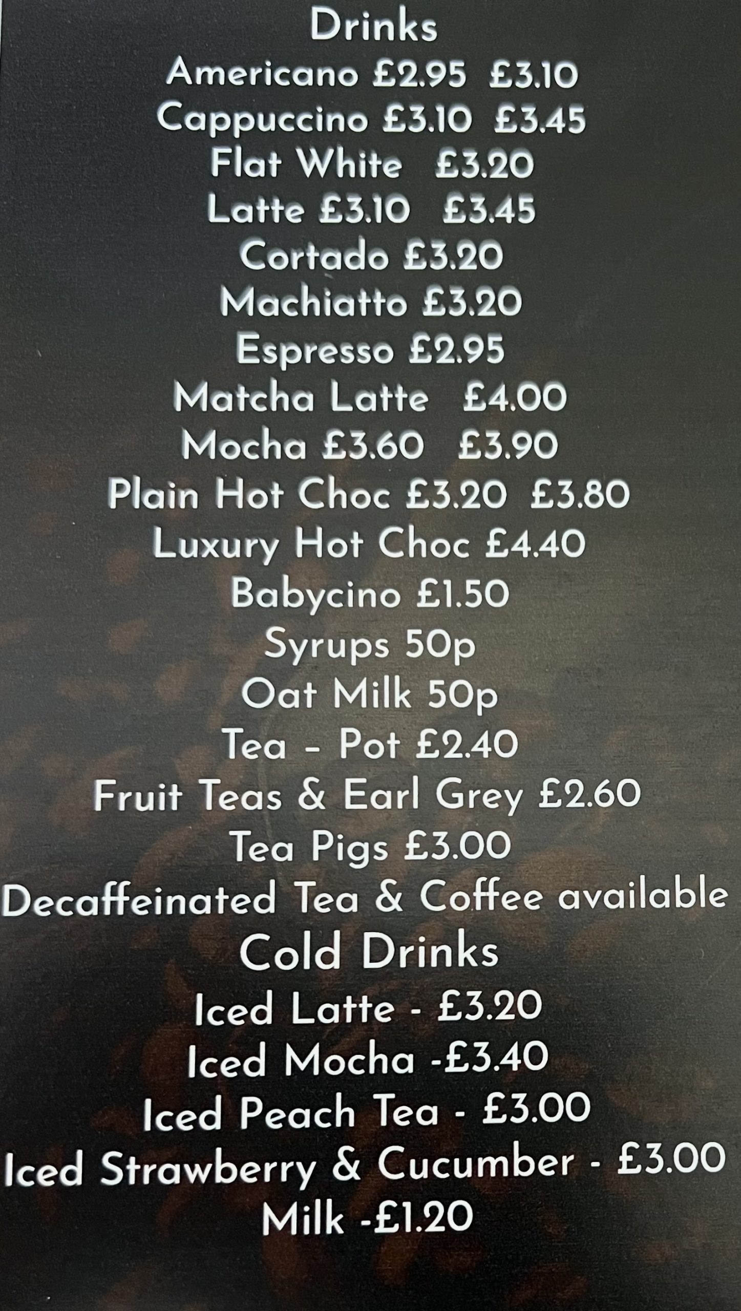 Hot Drinks Hot Frinks Menu