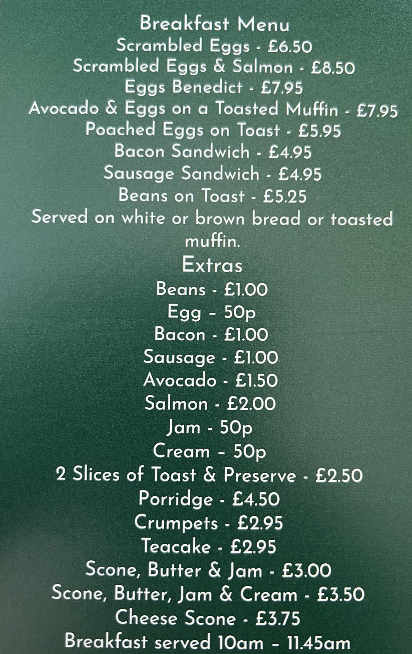 The Cosy Cow Breakfast Menu