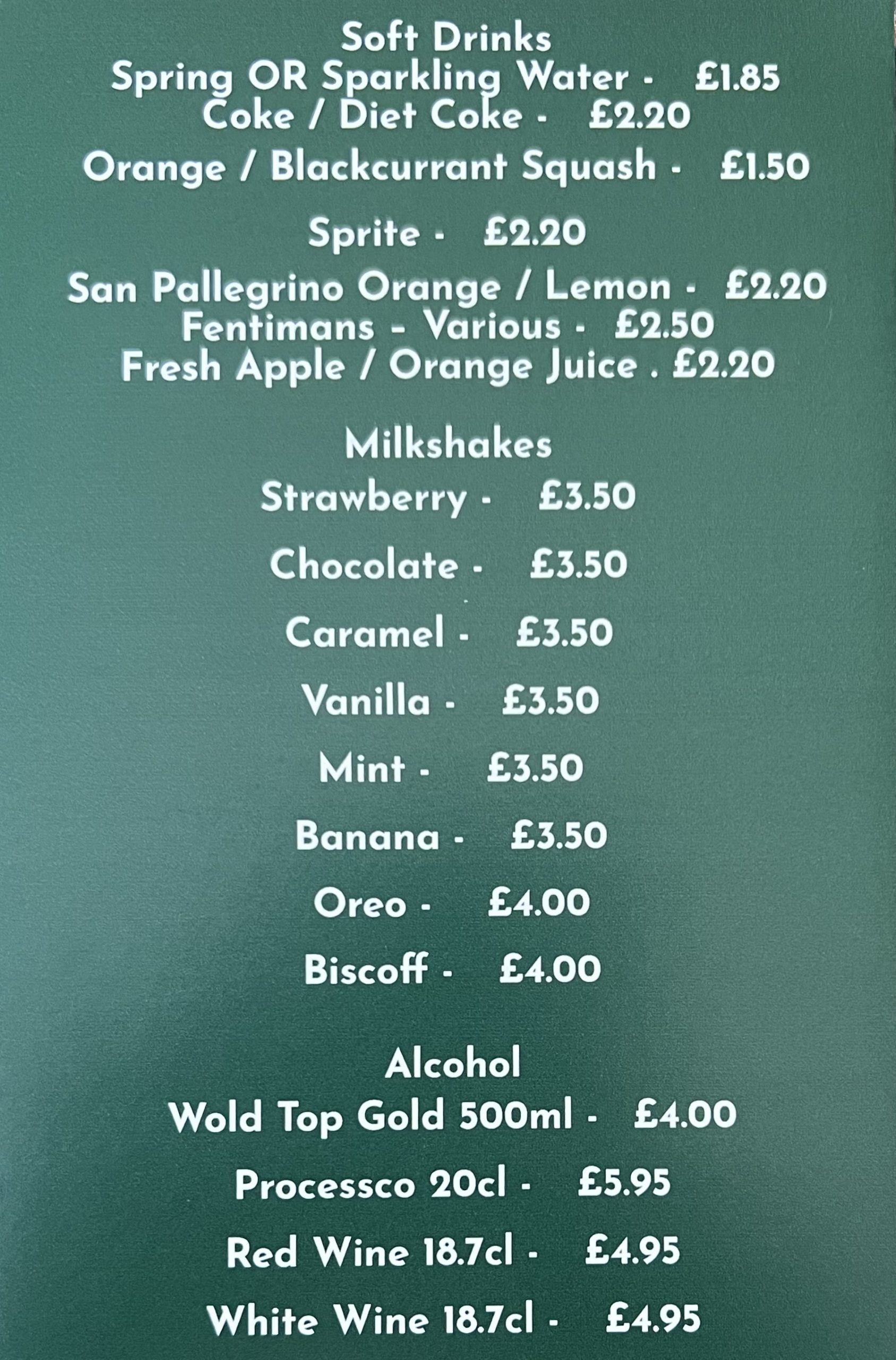 The Cosy Cow Drinks menu